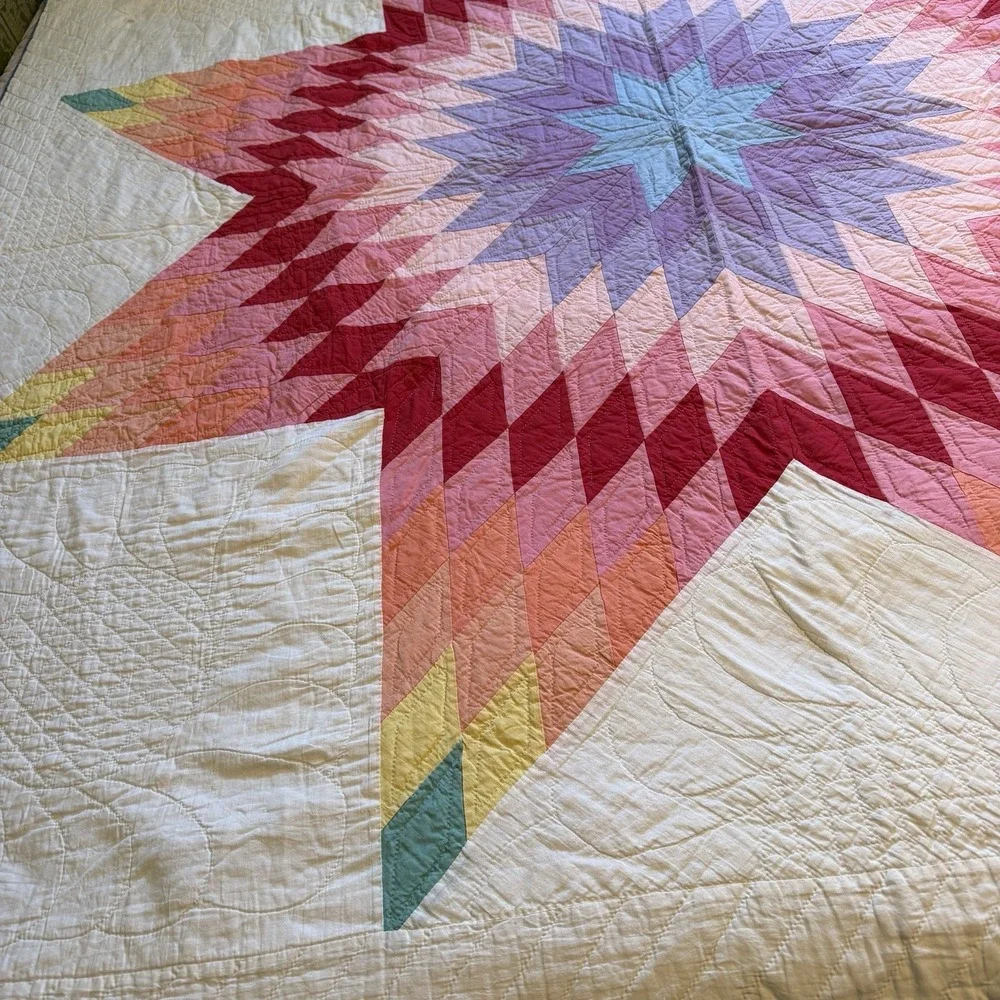 Vintage Hand-Stitched 8 Point Blazing Lone Star Quilt Rainbow Depression Era
